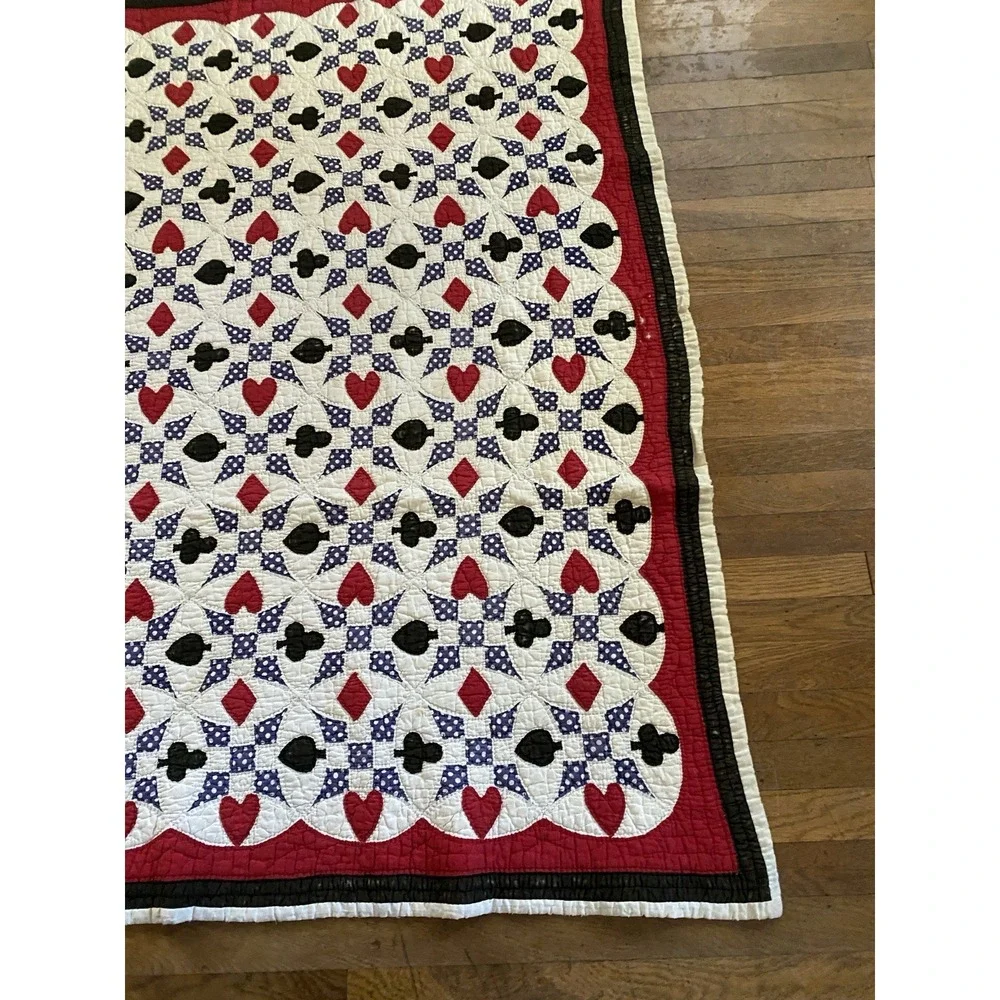 Vintage 1930s Quilt Western Texas Poker Polka Dots Folk Art Playing Cards 75x60